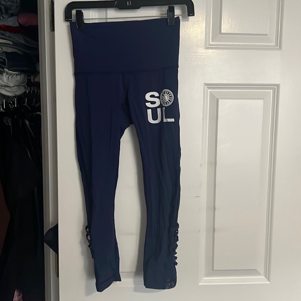 4 Lulu Lemon X SoulCycle Navy 3/4 length legging with lattice detail
